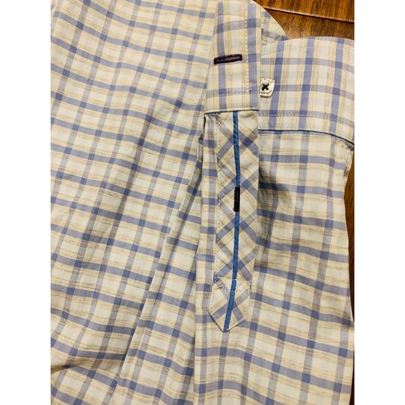 Jeremy Argyle Saratoga Pale Blue and Tan Plaid Cotton Shirt Size M - Picture 11 of 11